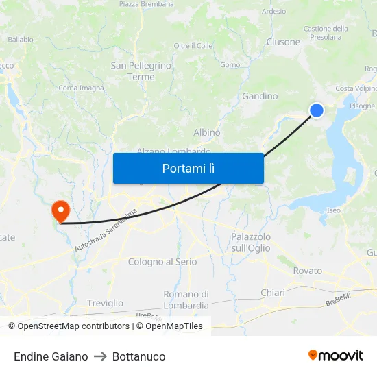 Endine Gaiano to Bottanuco map