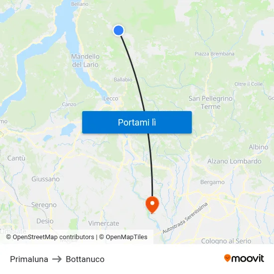 Primaluna to Bottanuco map