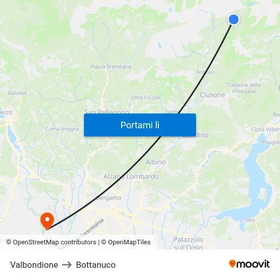 Valbondione to Bottanuco map