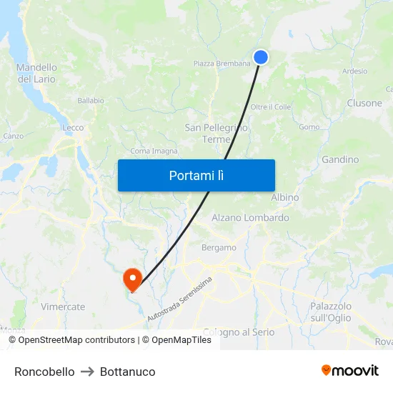 Roncobello to Bottanuco map