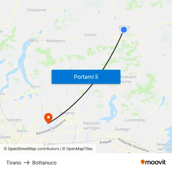Tirano to Bottanuco map
