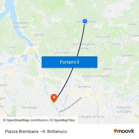 Piazza Brembana to Bottanuco map