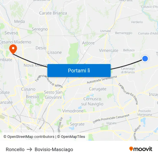 Roncello to Bovisio-Masciago map