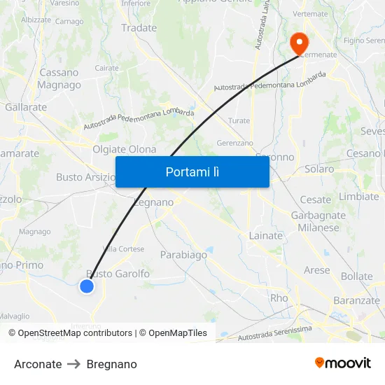 Arconate to Bregnano map