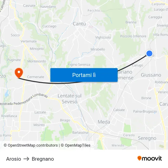 Arosio to Bregnano map