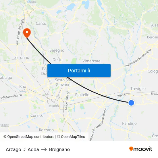 Arzago D' Adda to Bregnano map
