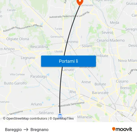 Bareggio to Bregnano map