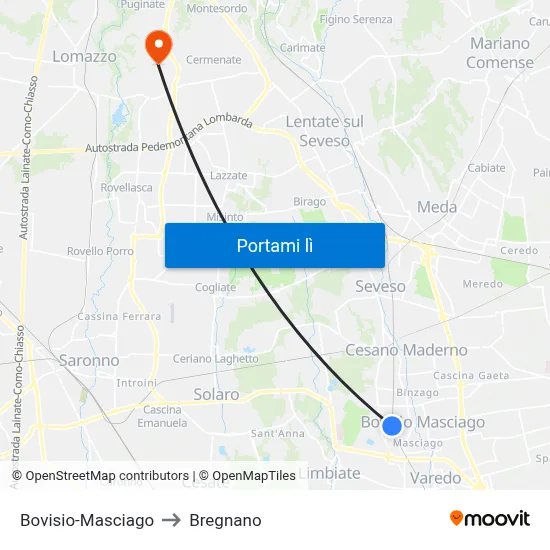 Bovisio-Masciago to Bregnano map