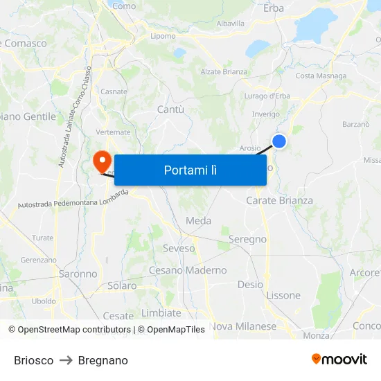 Briosco to Bregnano map