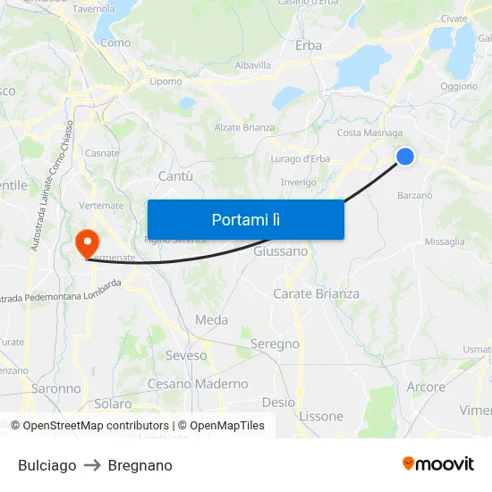 Bulciago to Bregnano map