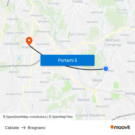 Cabiate to Bregnano map