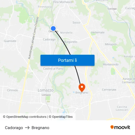 Cadorago to Bregnano map