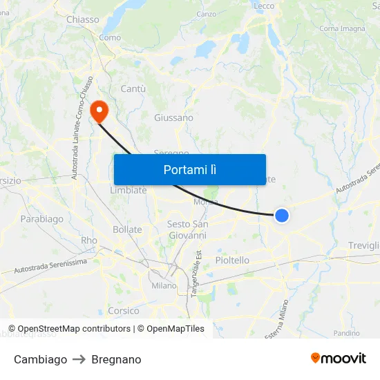 Cambiago to Bregnano map