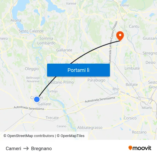 Cameri to Bregnano map