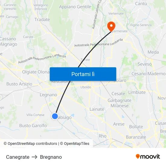 Canegrate to Bregnano map