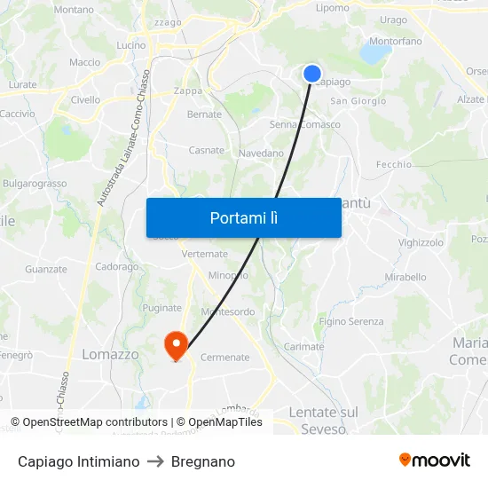 Capiago Intimiano to Bregnano map