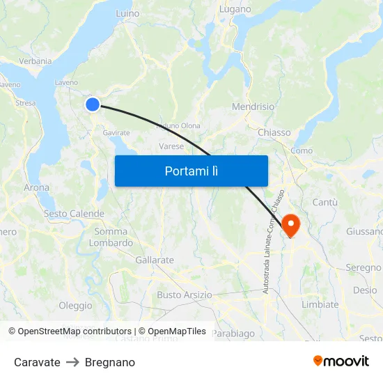 Caravate to Bregnano map