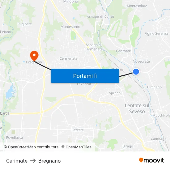 Carimate to Bregnano map