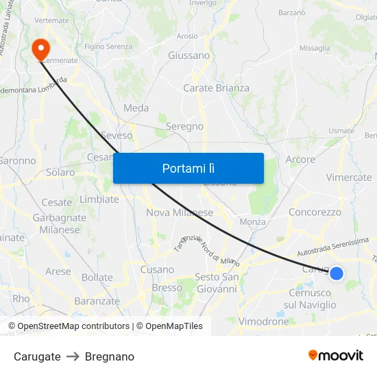 Carugate to Bregnano map