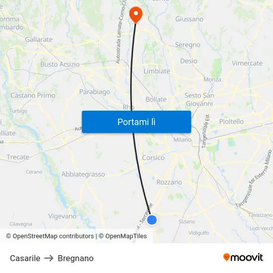 Casarile to Bregnano map