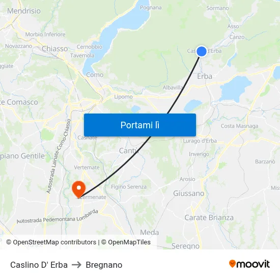 Caslino D' Erba to Bregnano map