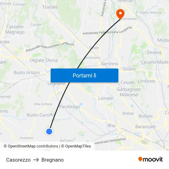 Casorezzo to Bregnano map