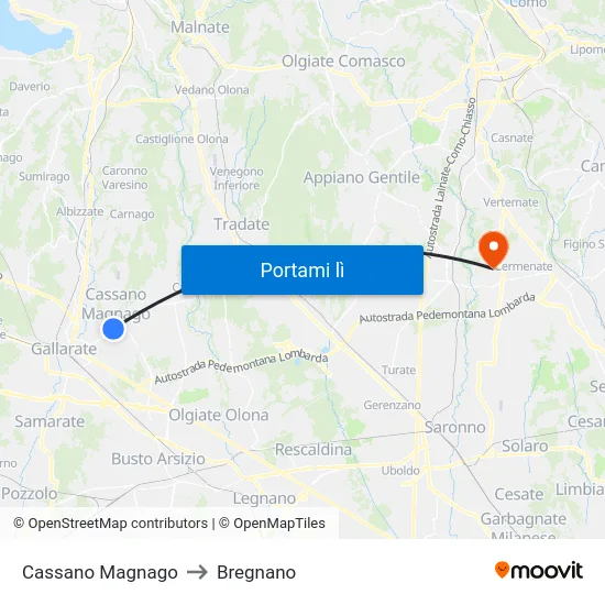 Cassano Magnago to Bregnano map