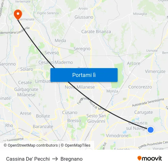 Cassina De' Pecchi to Bregnano map