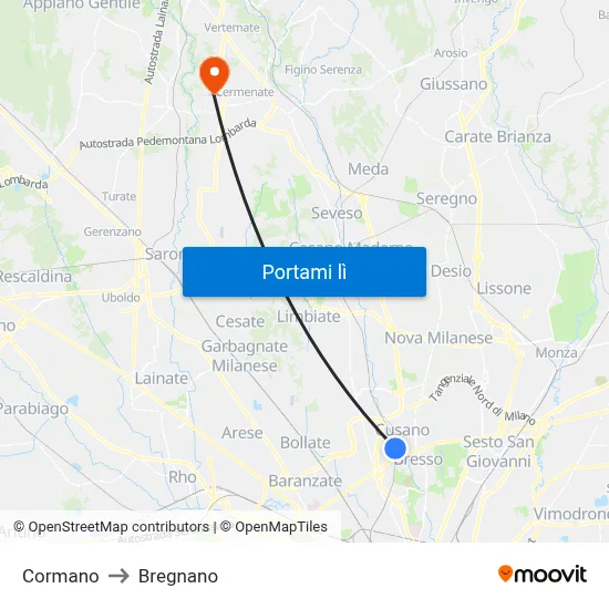 Cormano to Bregnano map