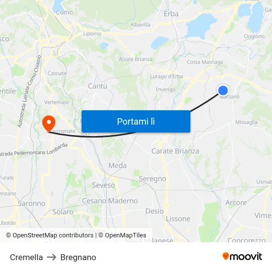 Cremella to Bregnano map