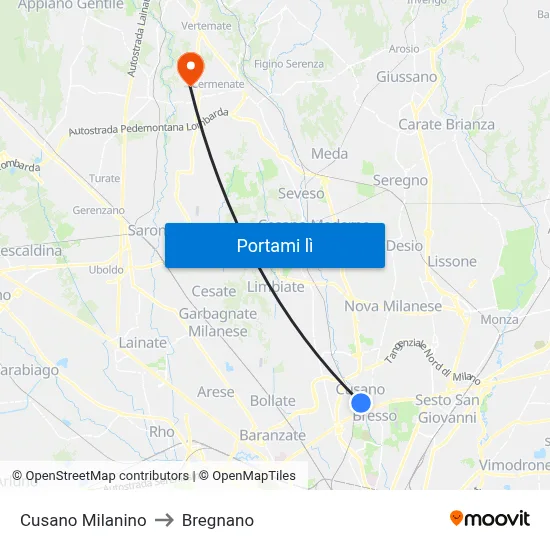 Cusano Milanino to Bregnano map