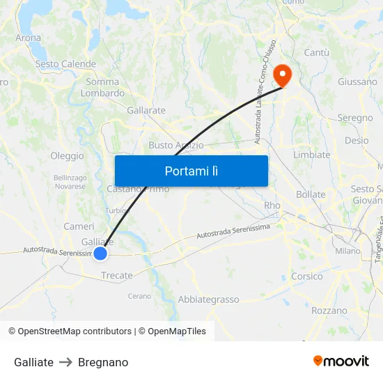 Galliate to Bregnano map
