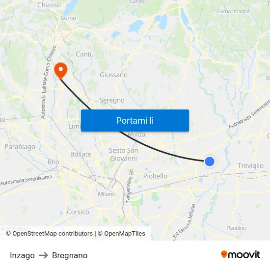 Inzago to Bregnano map