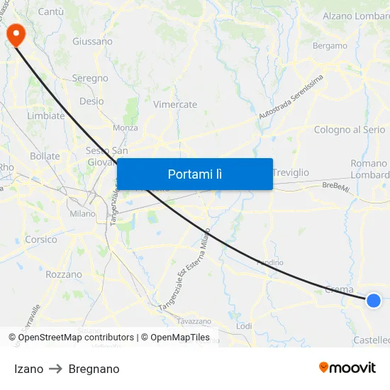 Izano to Bregnano map