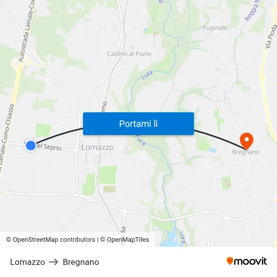Lomazzo to Bregnano map