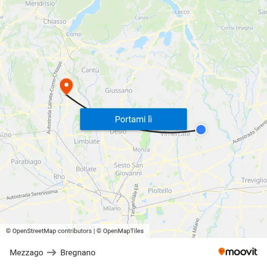 Mezzago to Bregnano map