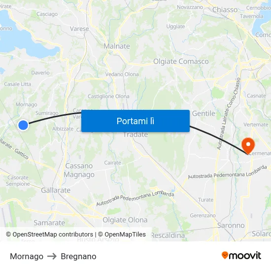 Mornago to Bregnano map
