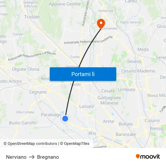 Nerviano to Bregnano map