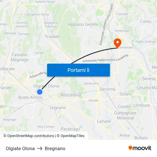 Olgiate Olona to Bregnano map