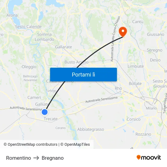 Romentino to Bregnano map