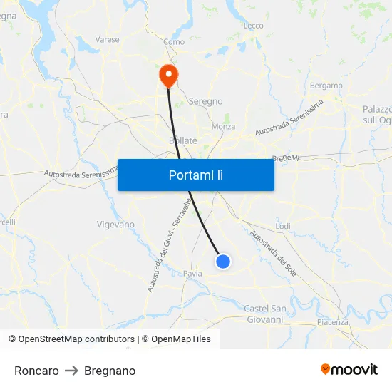 Roncaro to Bregnano map