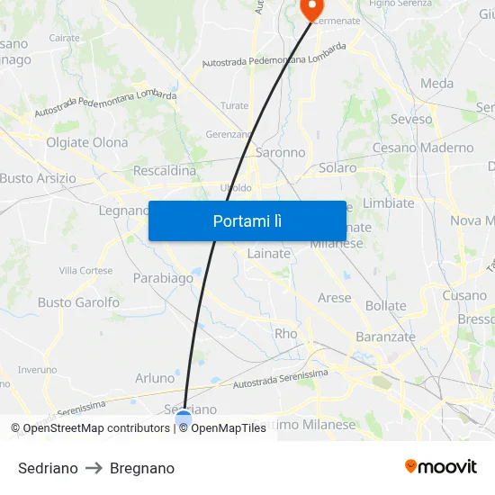 Sedriano to Bregnano map