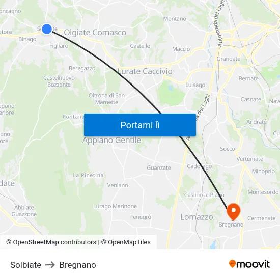 Solbiate to Bregnano map