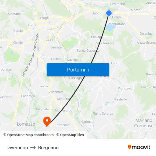Tavernerio to Bregnano map