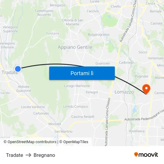 Tradate to Bregnano map