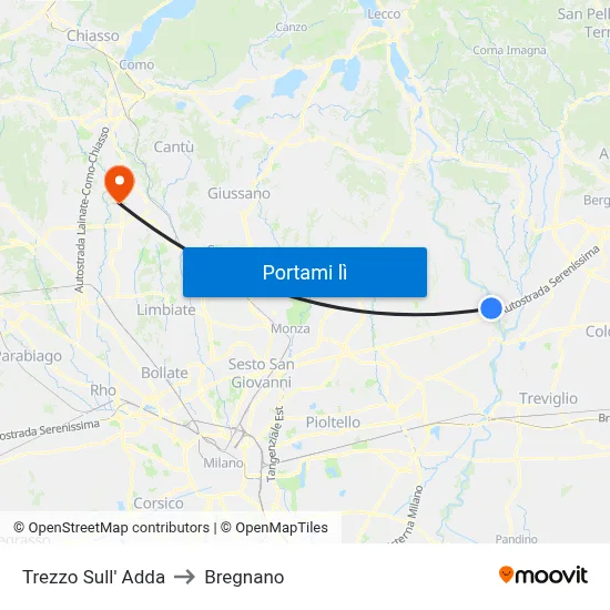 Trezzo Sull' Adda to Bregnano map