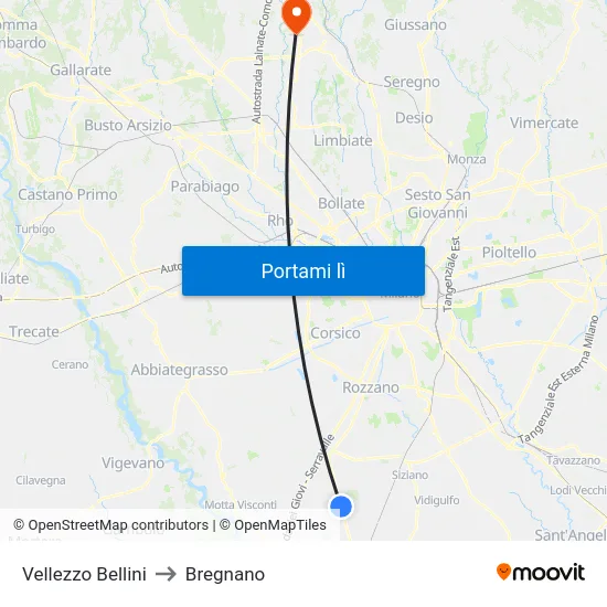 Vellezzo Bellini to Bregnano map