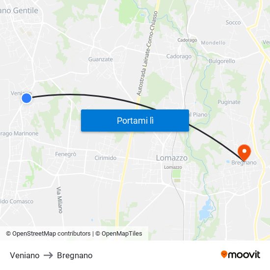 Veniano to Bregnano map