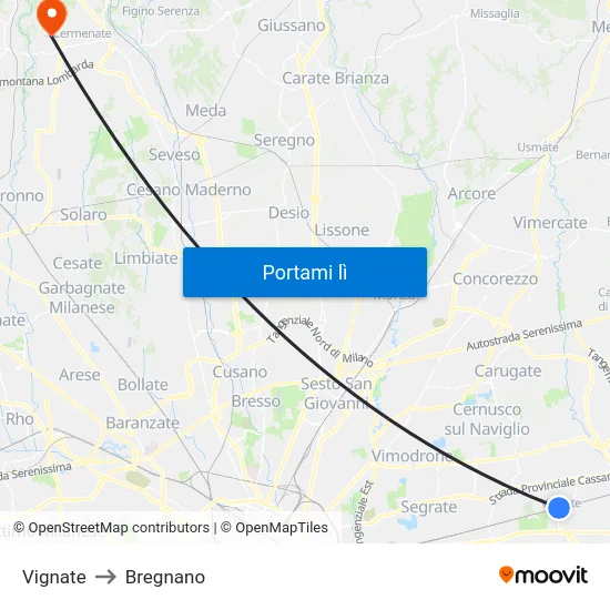 Vignate to Bregnano map