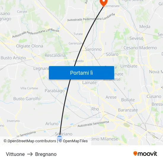 Vittuone to Bregnano map